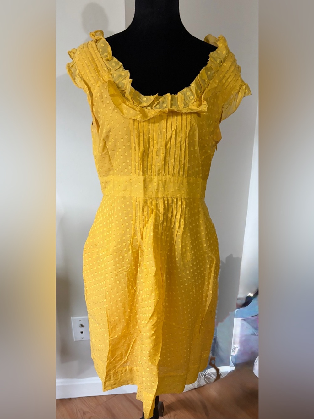 Moulinette Soeurs Yellow Swiss Dot Ruffle-Trim Midi Dress